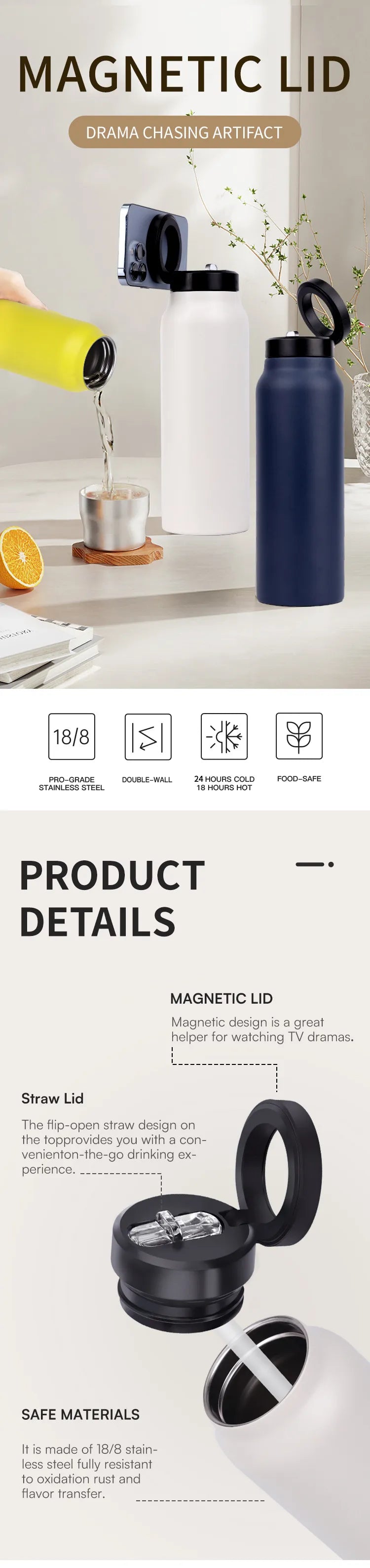 Stainless Steel Magnetic Insulated 24OZ Sports Water Bottle